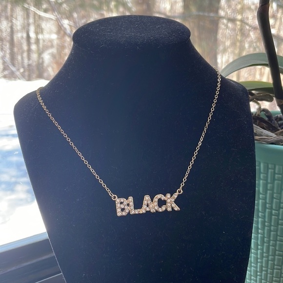 “Black” Word Rhinestone Gold Necklace - Picture 7 of 12